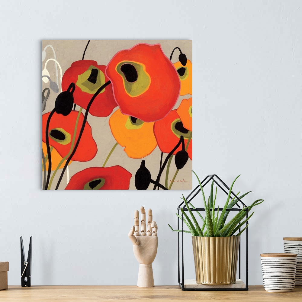 A bohemian room featuring This contemporary abstract painting showcases simplified poppies painted with flat colors over a ...