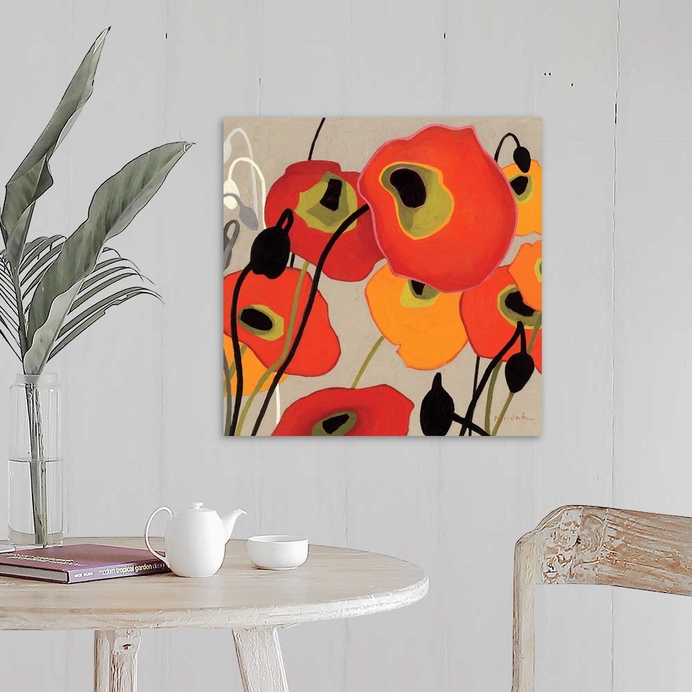 A farmhouse room featuring This contemporary abstract painting showcases simplified poppies painted with flat colors over a ...