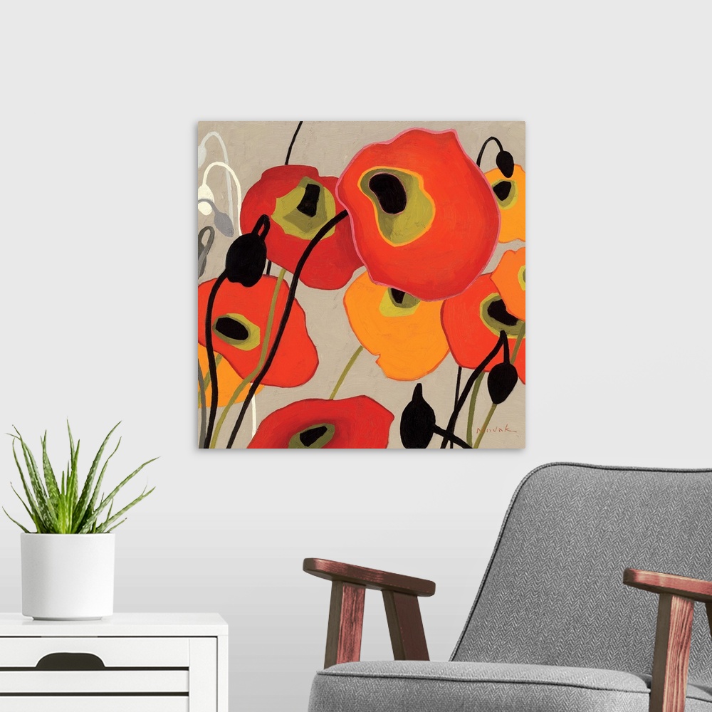 A modern room featuring This contemporary abstract painting showcases simplified poppies painted with flat colors over a ...