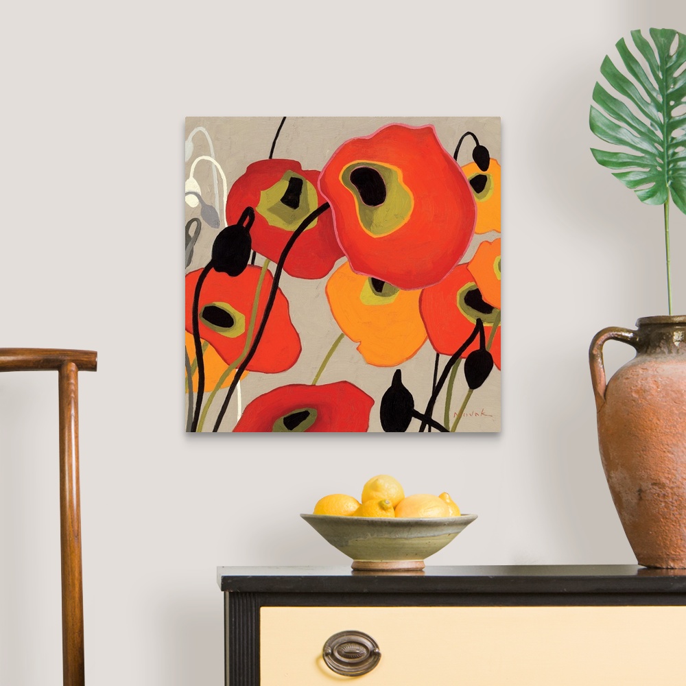 A traditional room featuring This contemporary abstract painting showcases simplified poppies painted with flat colors over a ...