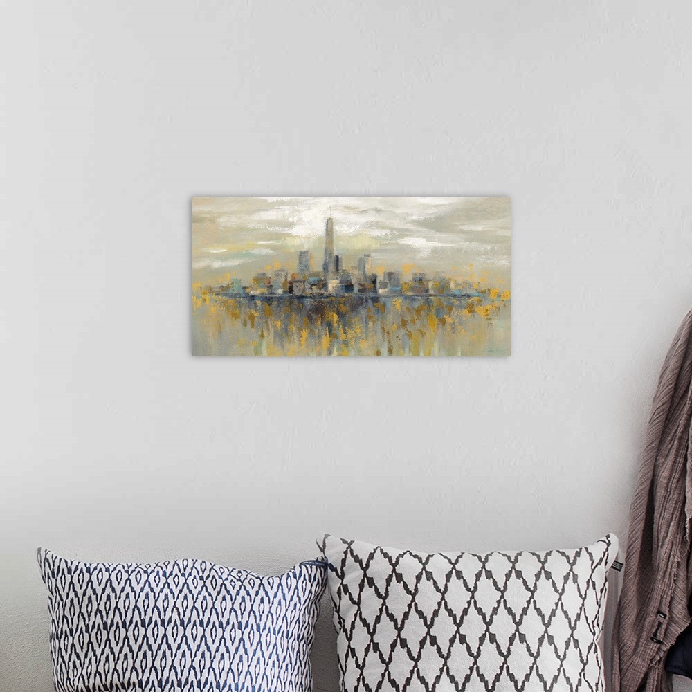 A bohemian room featuring Contemporary landscape painting of the skyline of New York City with yellow accents.