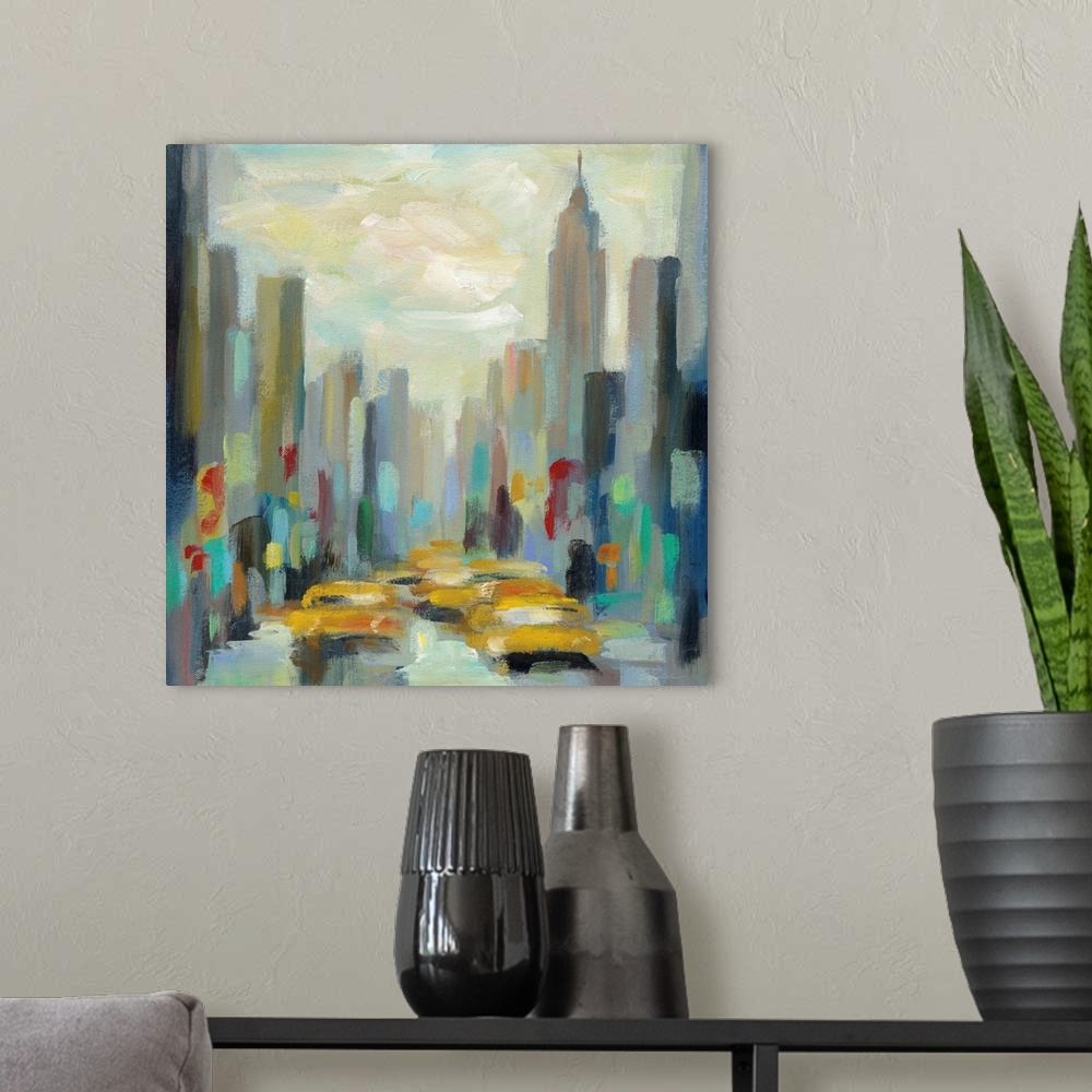 A modern room featuring A modern contemporary painting in an impressionism style of a New York City street with the Empir...