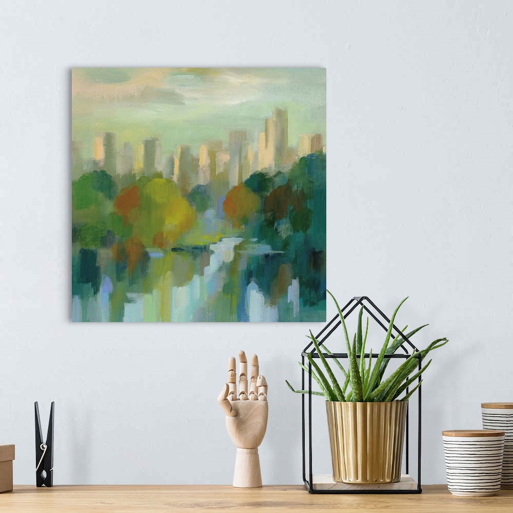 A bohemian room featuring Contemporary artwork featuring impressionistic brushes of scenic view of Manhattan, New York.