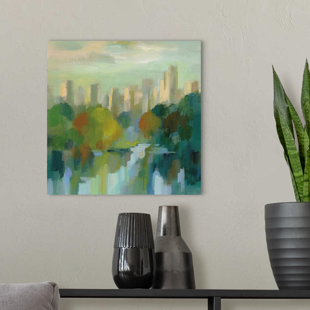 A modern room featuring Contemporary artwork featuring impressionistic brushes of scenic view of Manhattan, New York.