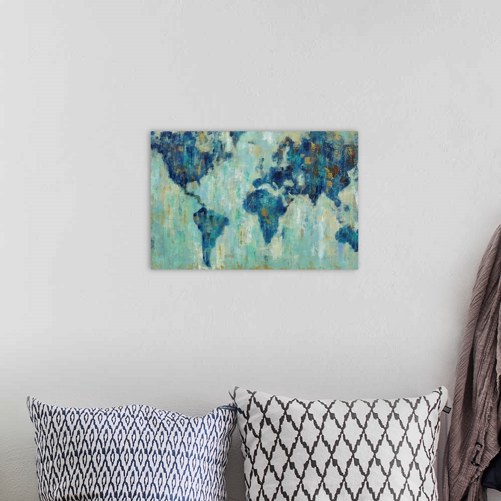 A bohemian room featuring A contemporary painting of a world map in a blue tones against a pale teal background.
