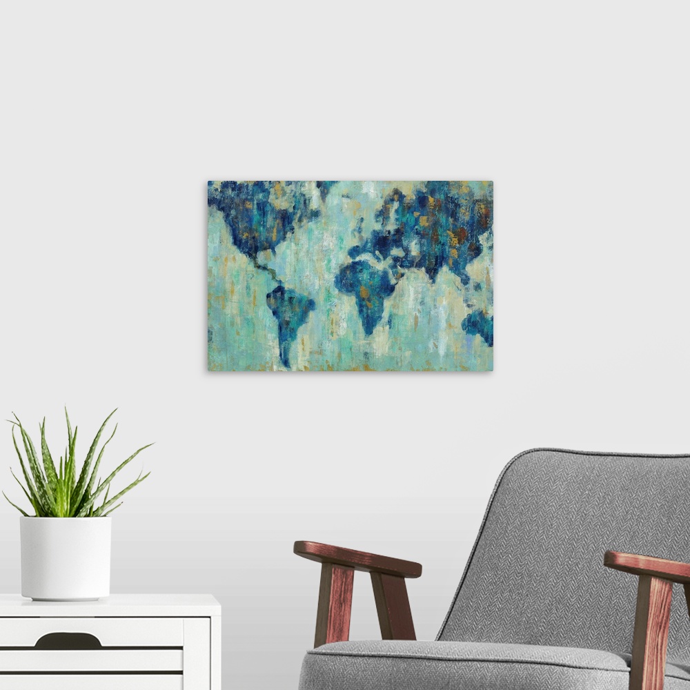A modern room featuring A contemporary painting of a world map in a blue tones against a pale teal background.