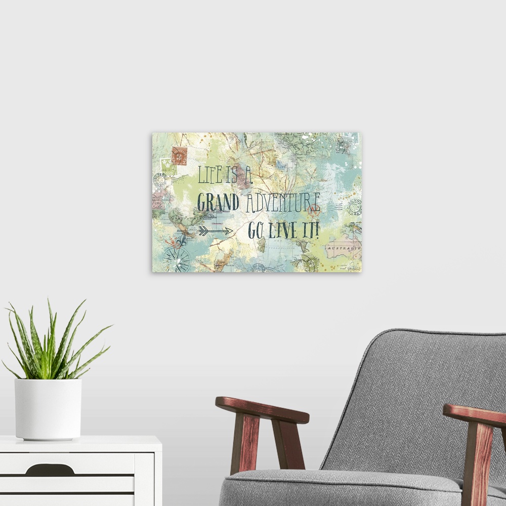 A modern room featuring "Life is a Grand Adventure, Go Live It!" written on top of a map and postage stamp collage.