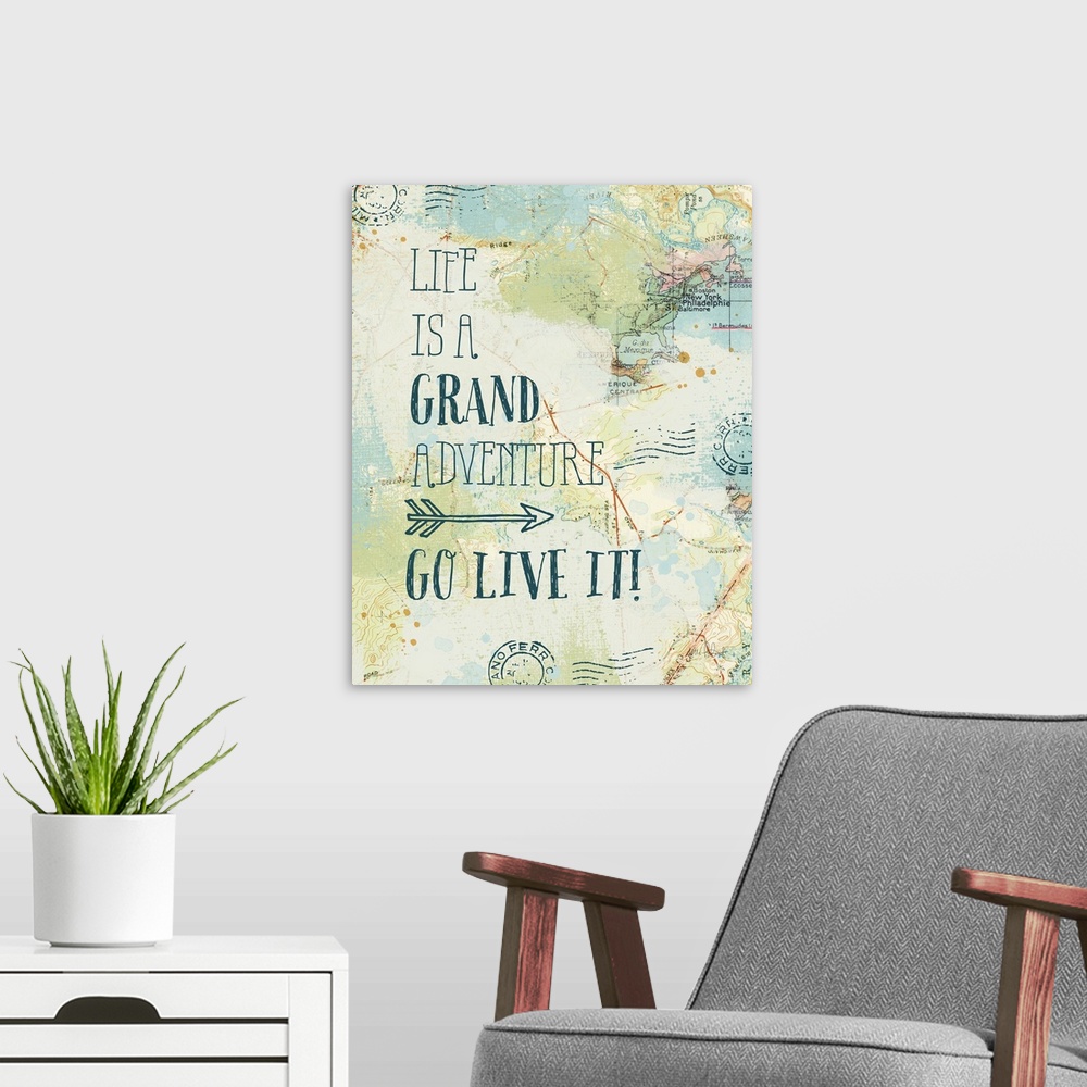 A modern room featuring "Life is a Grand Adventure. Go Live It!" written on top of a map and postage stamp collage.