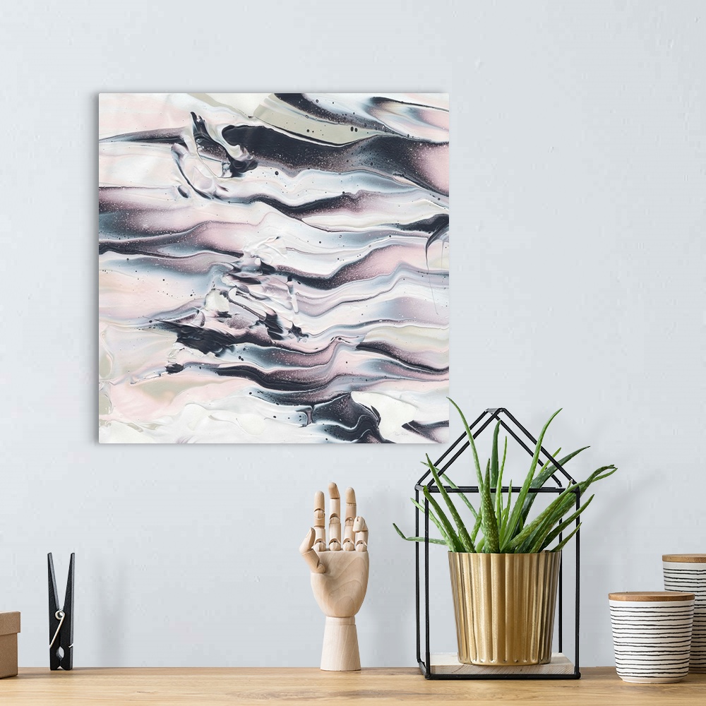 A bohemian room featuring Square abstract painting of pink, green, blue, black, and white marbling creating movement horizo...