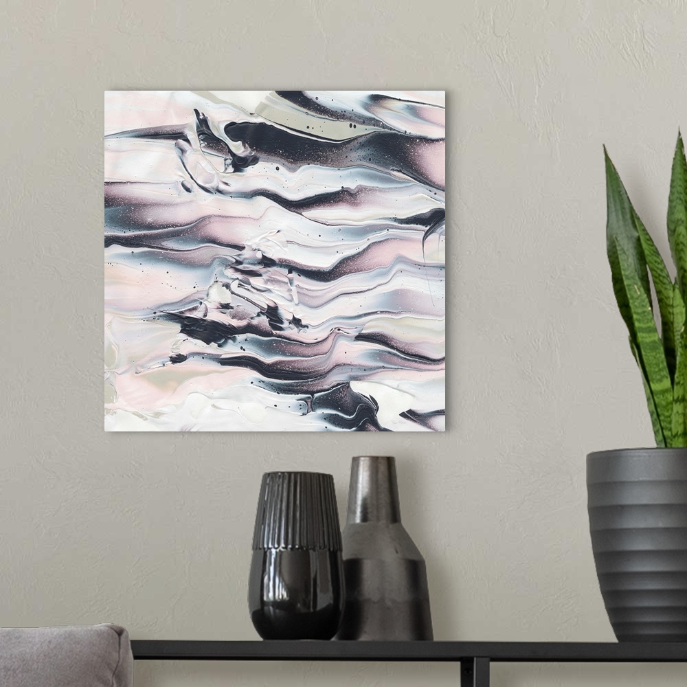 A modern room featuring Square abstract painting of pink, green, blue, black, and white marbling creating movement horizo...
