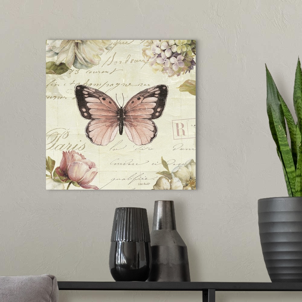 A modern room featuring Marche aux Fleurs Butterfly I