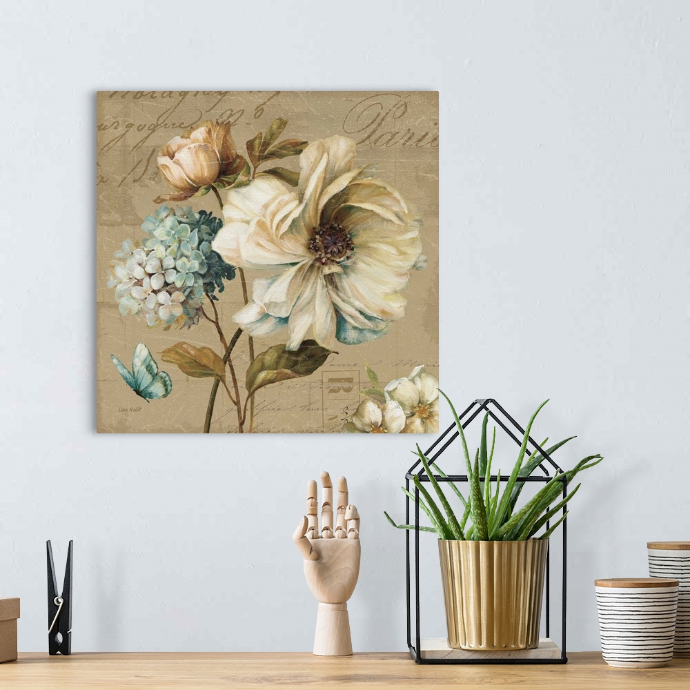 A bohemian room featuring Contemporary artwork of flowers against a with text.