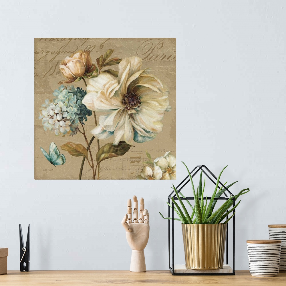 A bohemian room featuring Contemporary artwork of flowers against a with text.