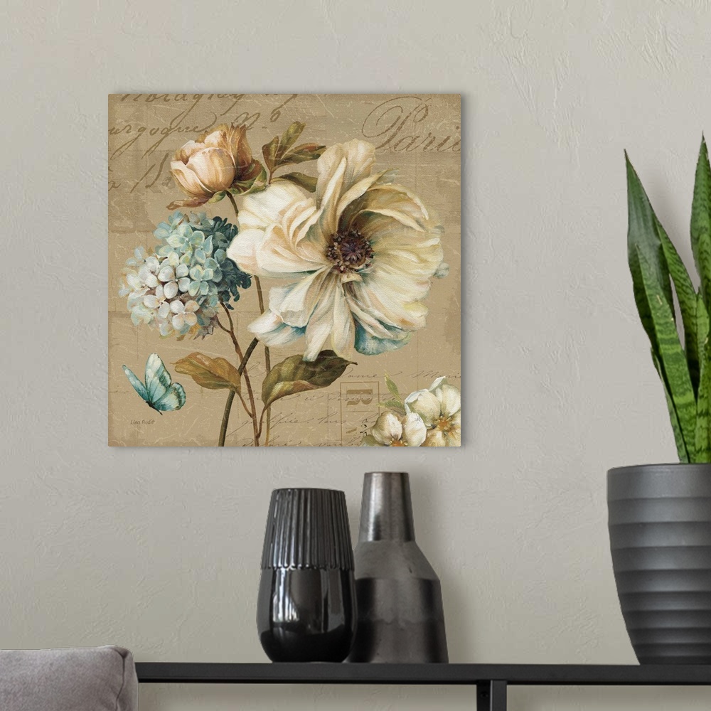 A modern room featuring Contemporary artwork of flowers against a with text.