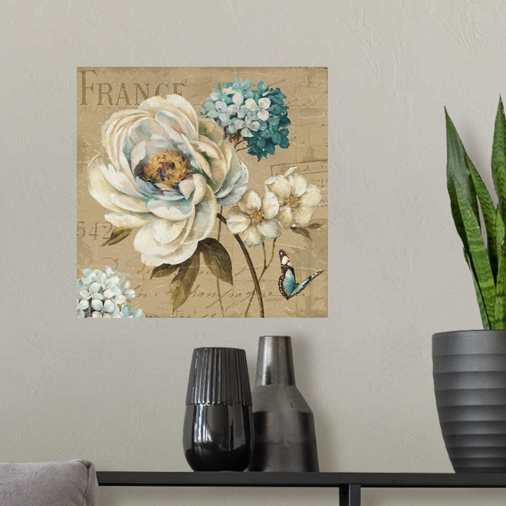 A modern room featuring Contemporary artwork of flowers against a with text.