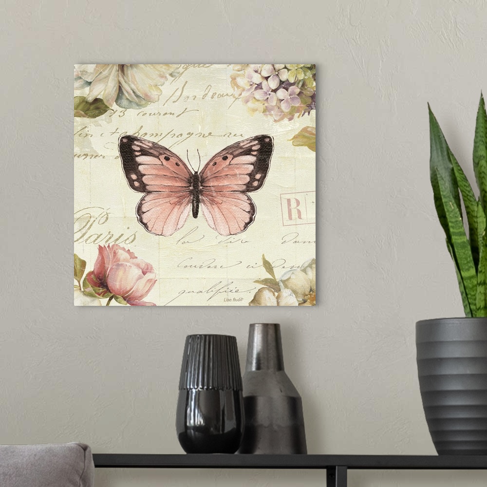 A modern room featuring Contemporary artwork of a butterfly with text text against a light cream colored background.