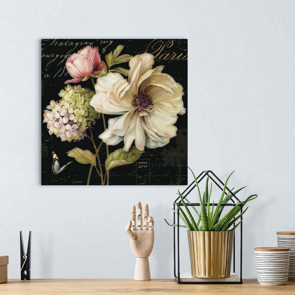 A bohemian room featuring Contemporary artwork of flowers against a text background.