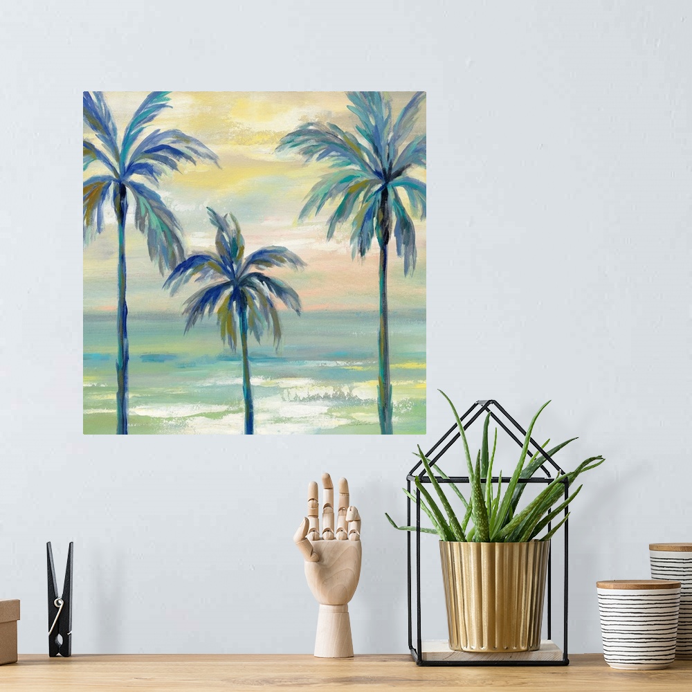 A bohemian room featuring Contemporary painting of three palm trees in cool tones with the ocean in the background and a su...