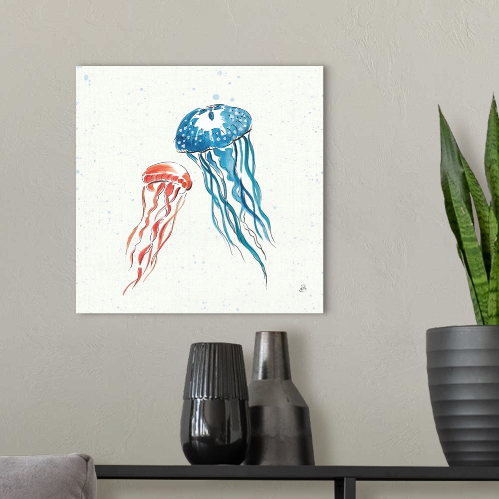 A modern room featuring Coral and blue jellyfish on a white square background with light blue paint splatter.