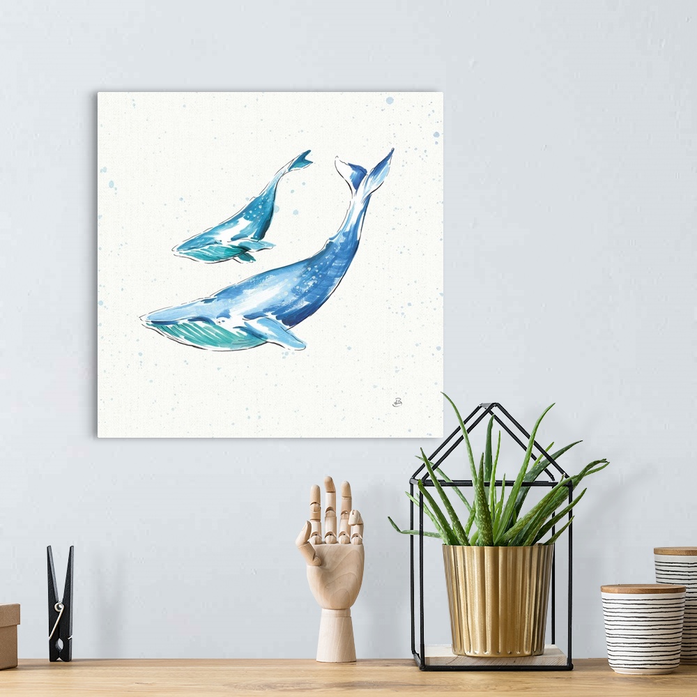 A bohemian room featuring Two blue whales swimming on a white square background with light blue paint splatter.