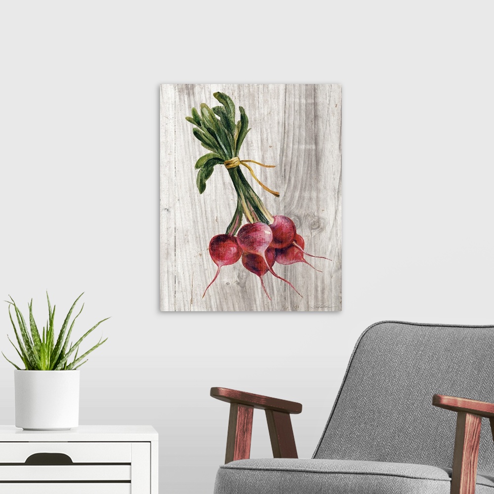 A modern room featuring Rustic painting of a bundle of radishes on a white and gray wooden background.