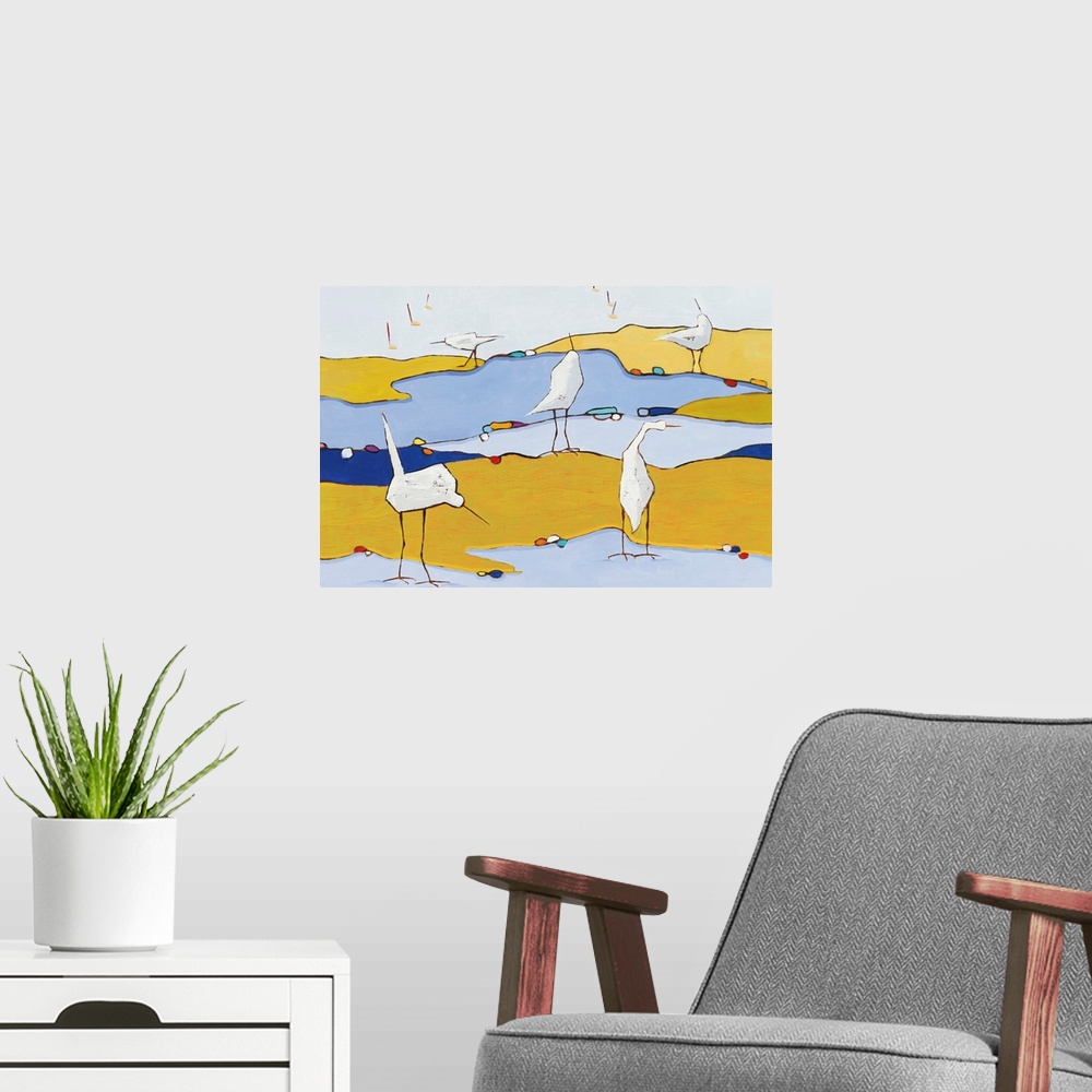 A modern room featuring Abstract painting of five white egrets in a marsh made out of a variety of blue and yellow hues.