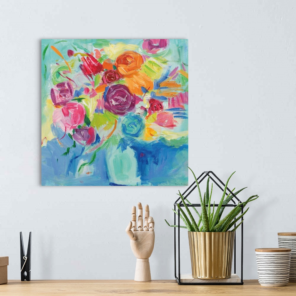 A bohemian room featuring Square abstract painting of a bright Spring floral arrangement on a blue and green background.