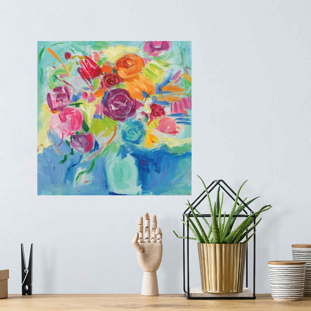 A bohemian room featuring Square abstract painting of a bright Spring floral arrangement on a blue and green background.