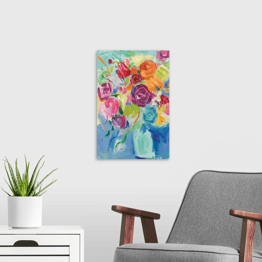 A modern room featuring Impressionist painting of pastel colored florals in an aqua vase.
