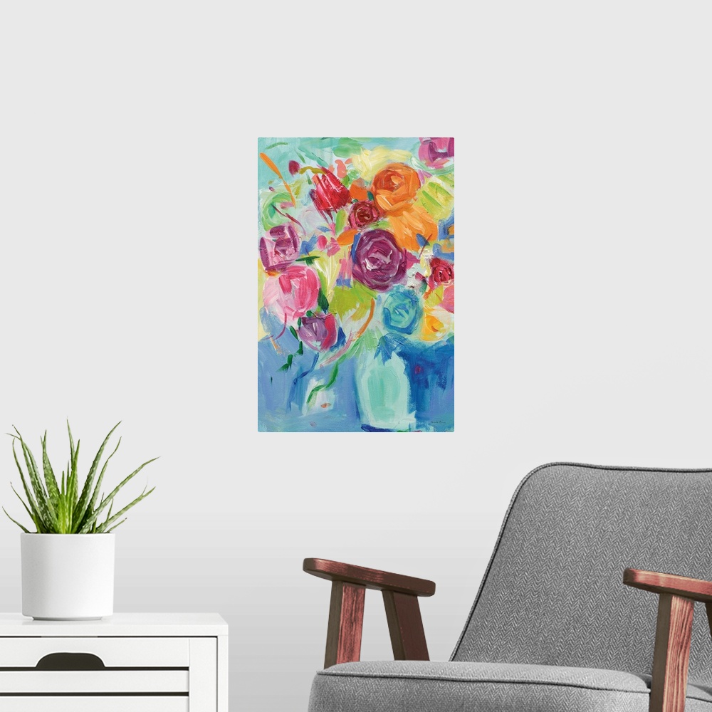 A modern room featuring Impressionist painting of pastel colored florals in an aqua vase.