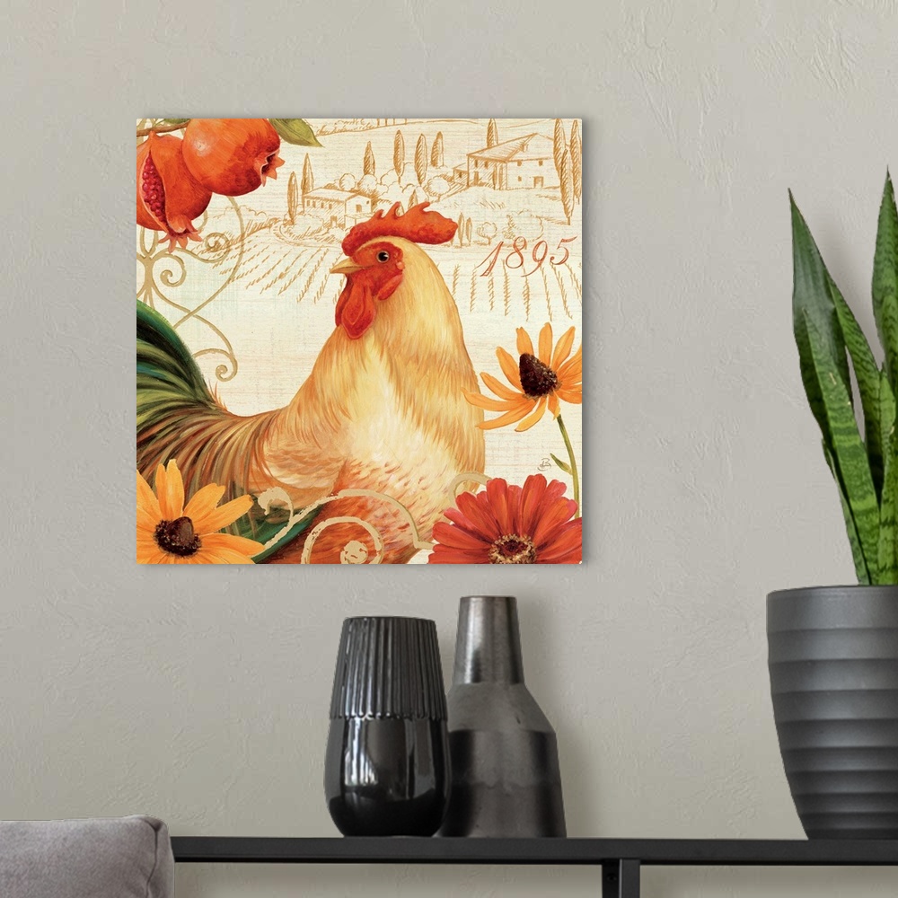 A modern room featuring Contemporary artwork of a rooster surrounded by flowers, against a background of idyllic scenery.