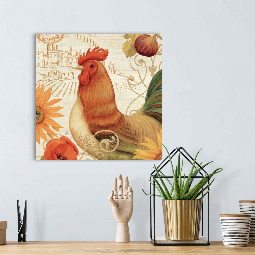 A bohemian room featuring Contemporary artwork of a rooster surrounded by flowers, against a background of idyllic scenery.