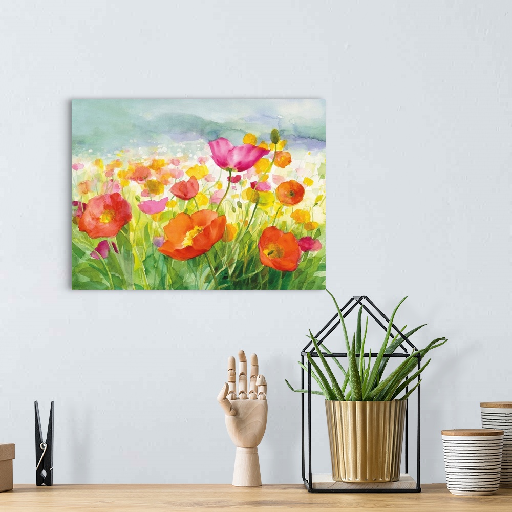 A bohemian room featuring Vibrant orange, pink, and yellow watercolor poppy flowers in a field.