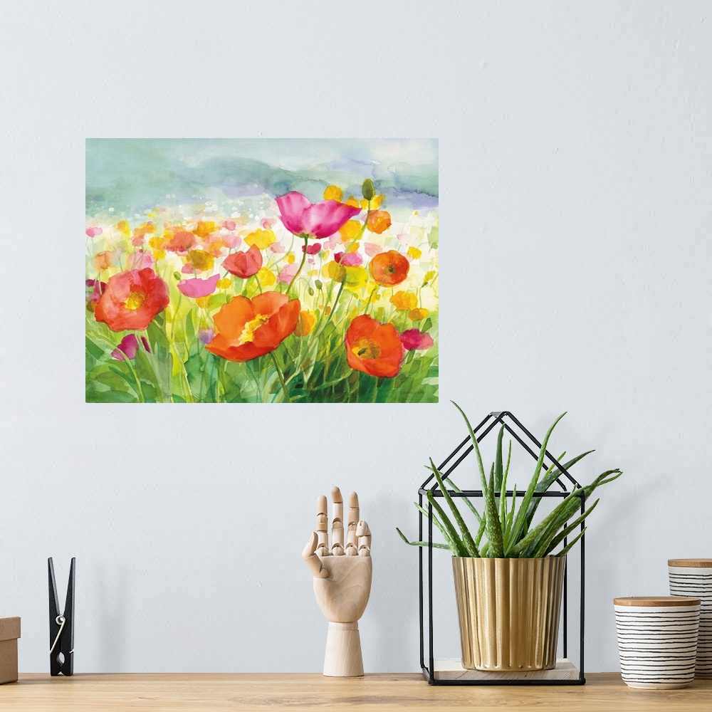 A bohemian room featuring Vibrant orange, pink, and yellow watercolor poppy flowers in a field.