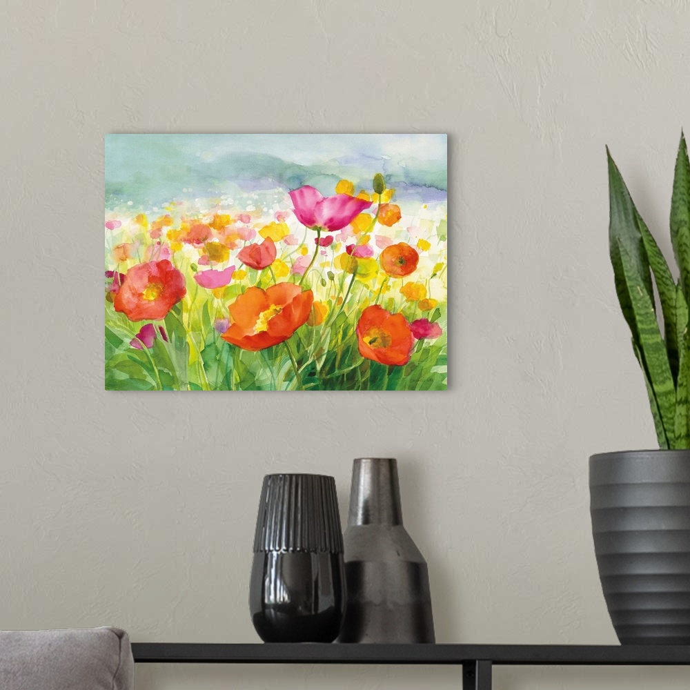A modern room featuring Vibrant orange, pink, and yellow watercolor poppy flowers in a field.