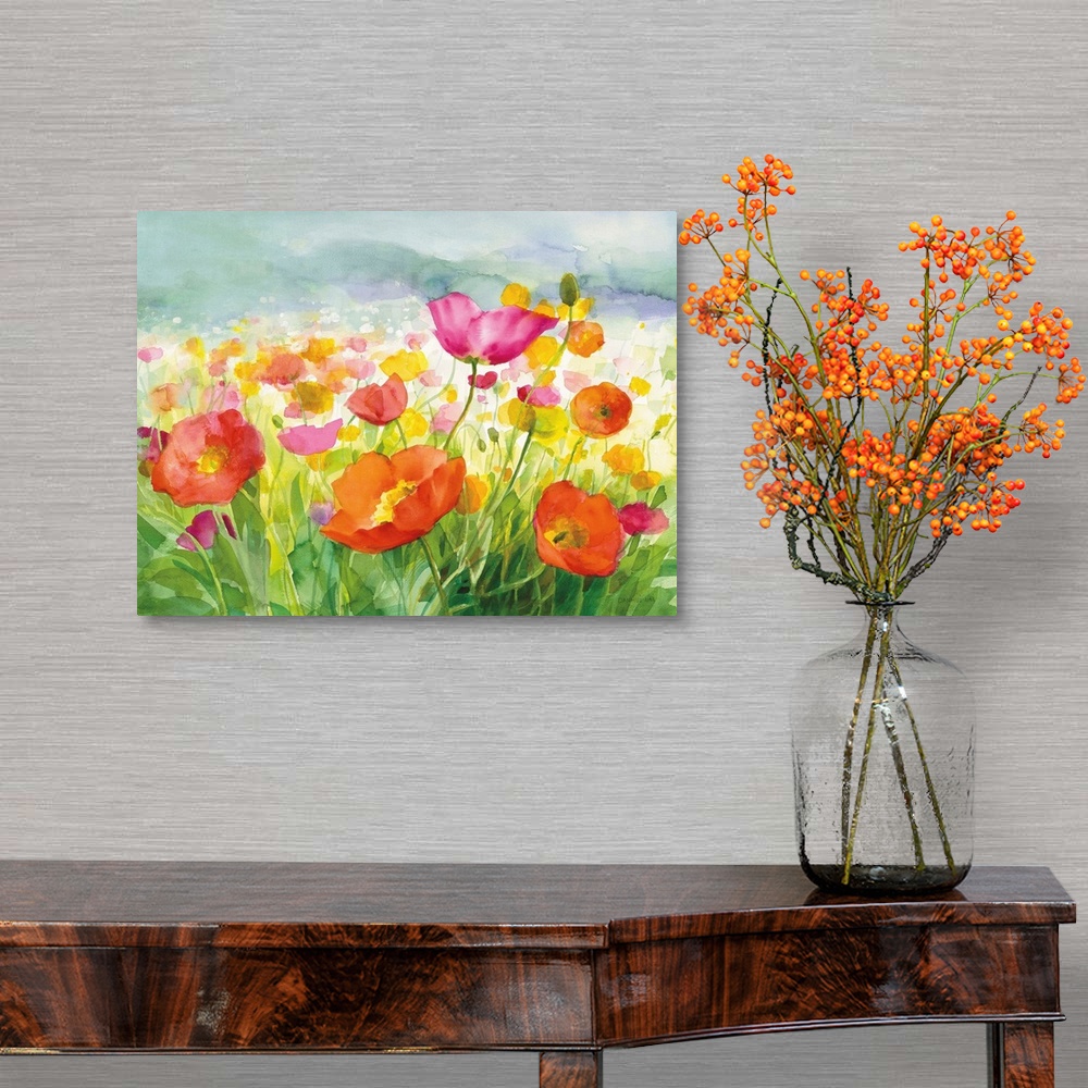 A traditional room featuring Vibrant orange, pink, and yellow watercolor poppy flowers in a field.
