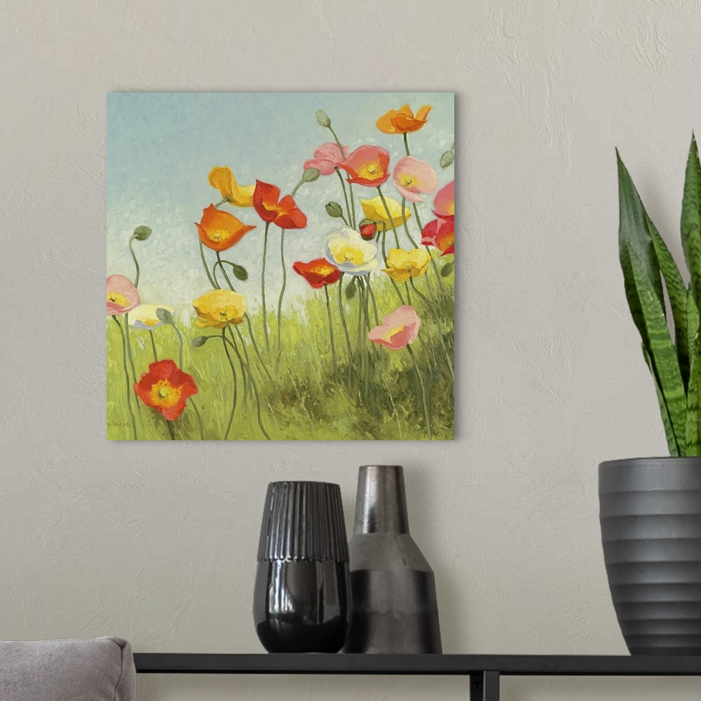 A modern room featuring Large contemporary art showcases a gathering of warm toned poppy flowers and buds sitting within ...