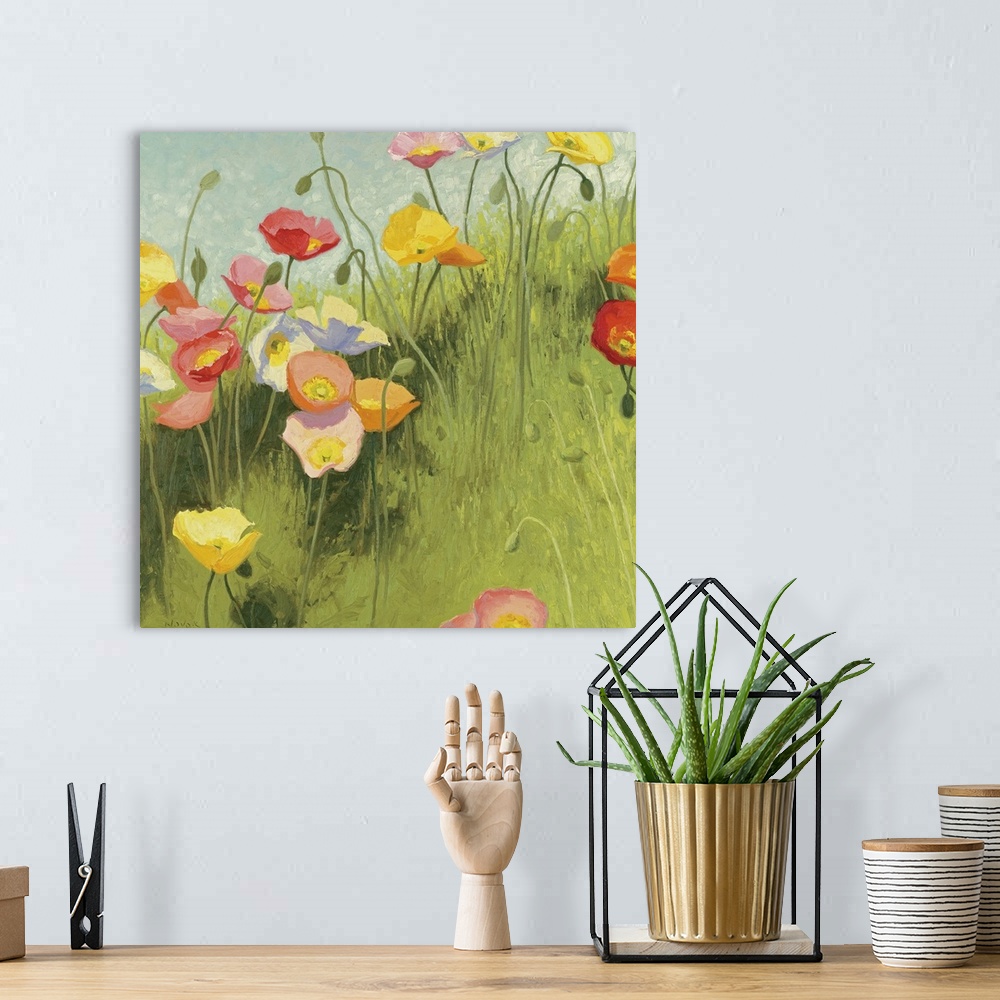 A bohemian room featuring This square piece is a contemporary painting of delicate flowers that are growing on a grassy hil...