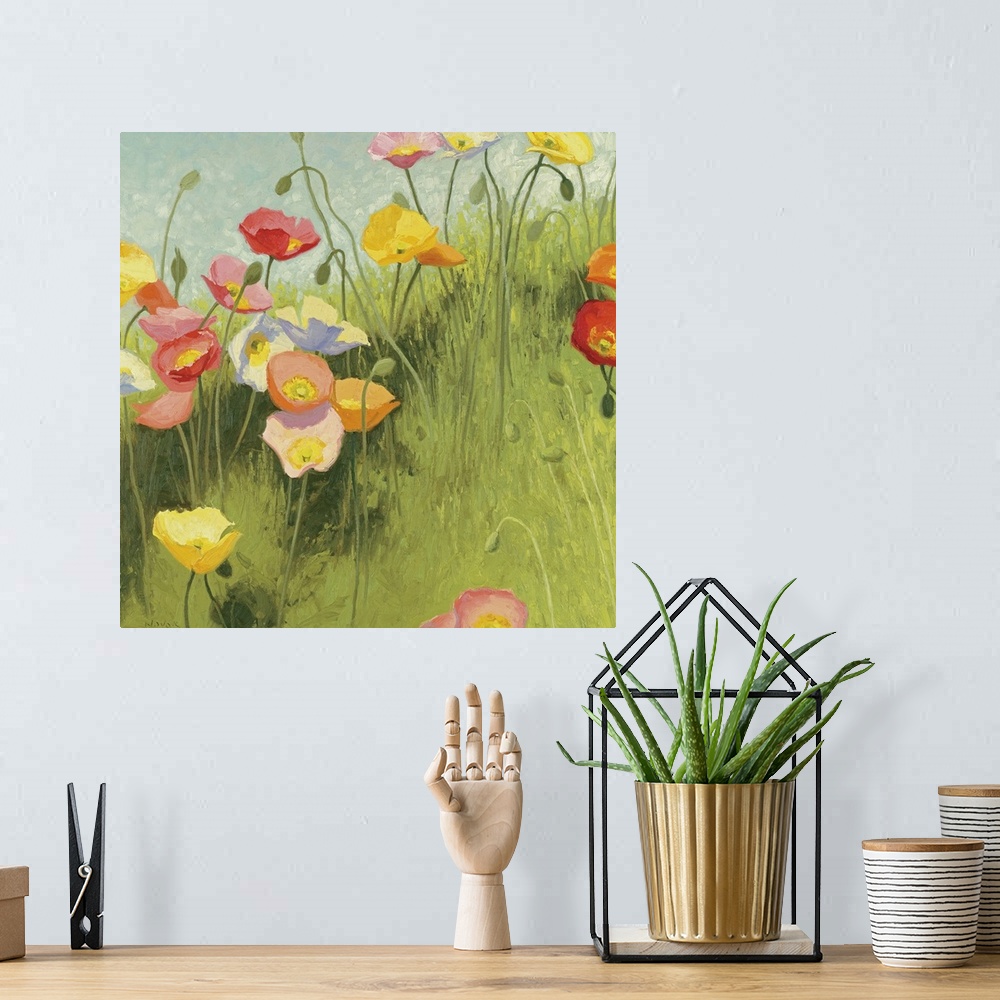 A bohemian room featuring This square piece is a contemporary painting of delicate flowers that are growing on a grassy hil...