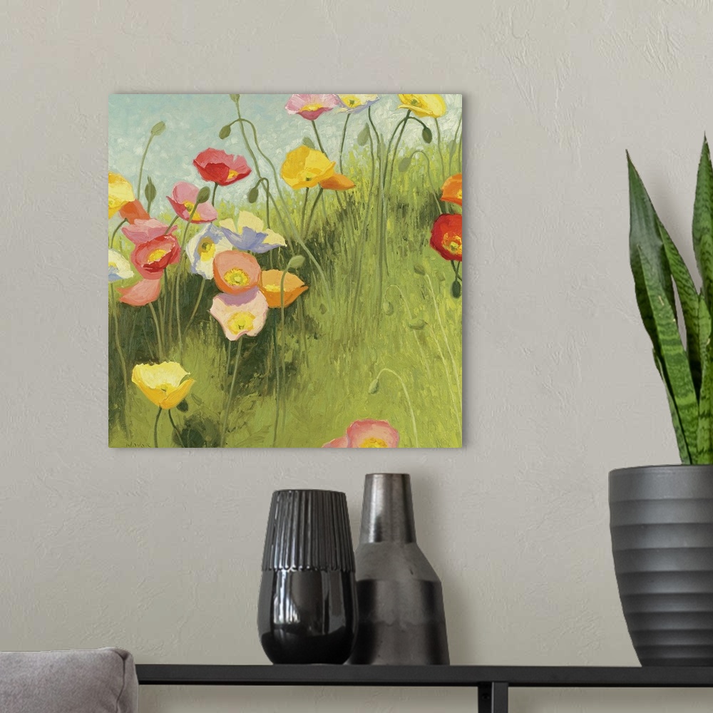 A modern room featuring This square piece is a contemporary painting of delicate flowers that are growing on a grassy hil...