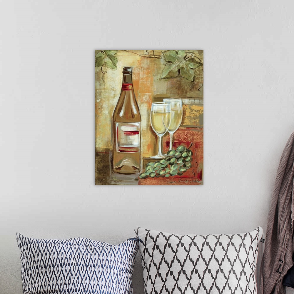 A bohemian room featuring Oversized vertical painting of a wine bottle next to two glasses of white wine and a bunch of gra...