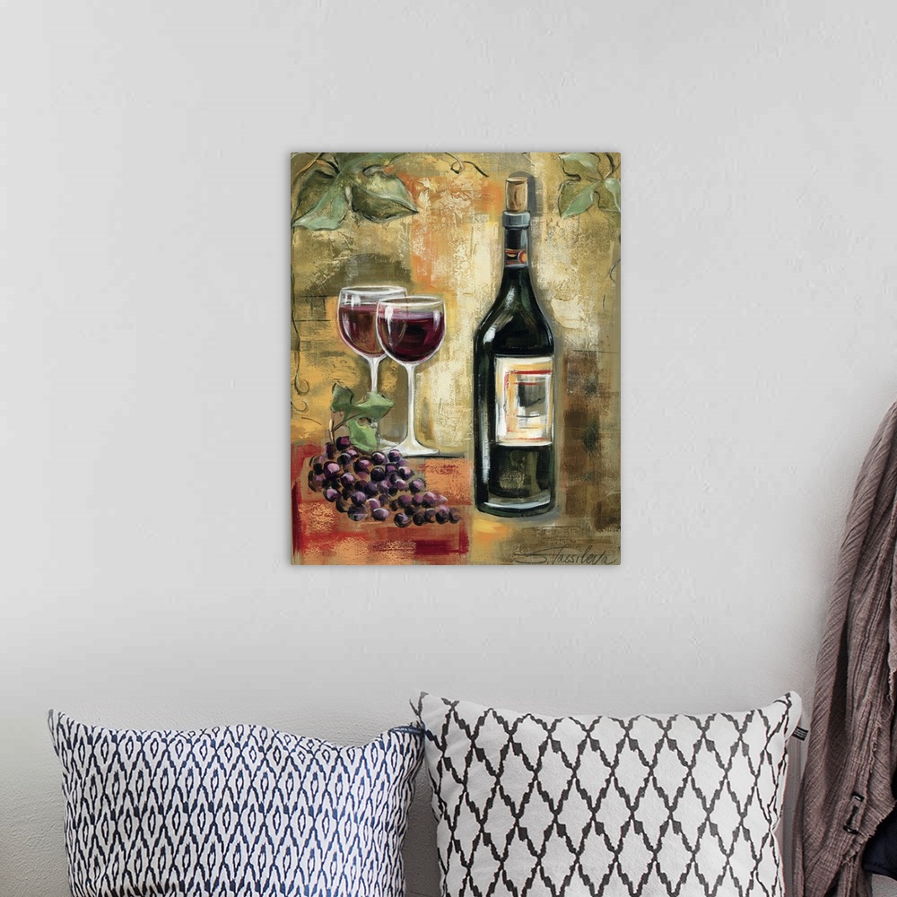 A bohemian room featuring Large, vertical home art docor of a bottle of wine sitting next to two full glasses and a bunch o...