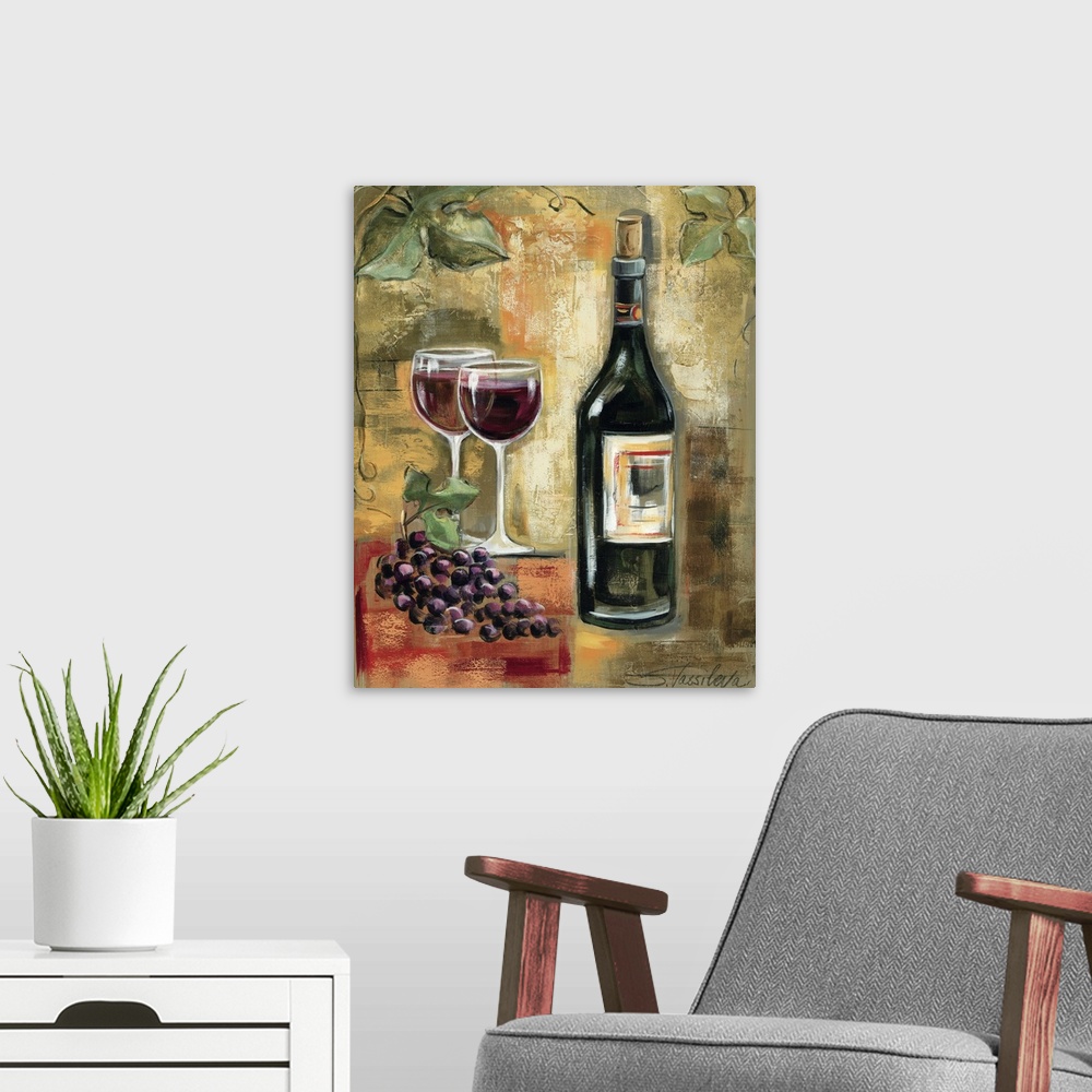 A modern room featuring Large, vertical home art docor of a bottle of wine sitting next to two full glasses and a bunch o...