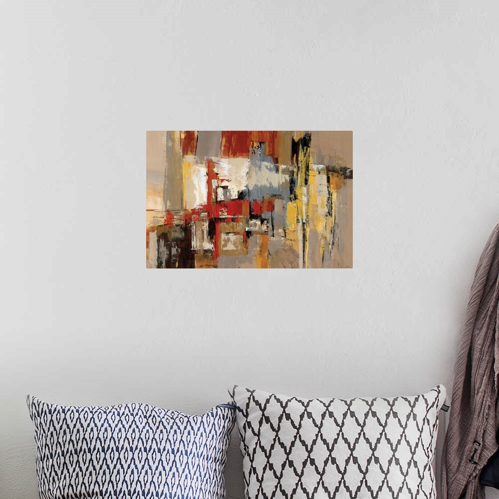A bohemian room featuring This abstract wall art has an earth tone color palette and a vertical composition with diagonal m...