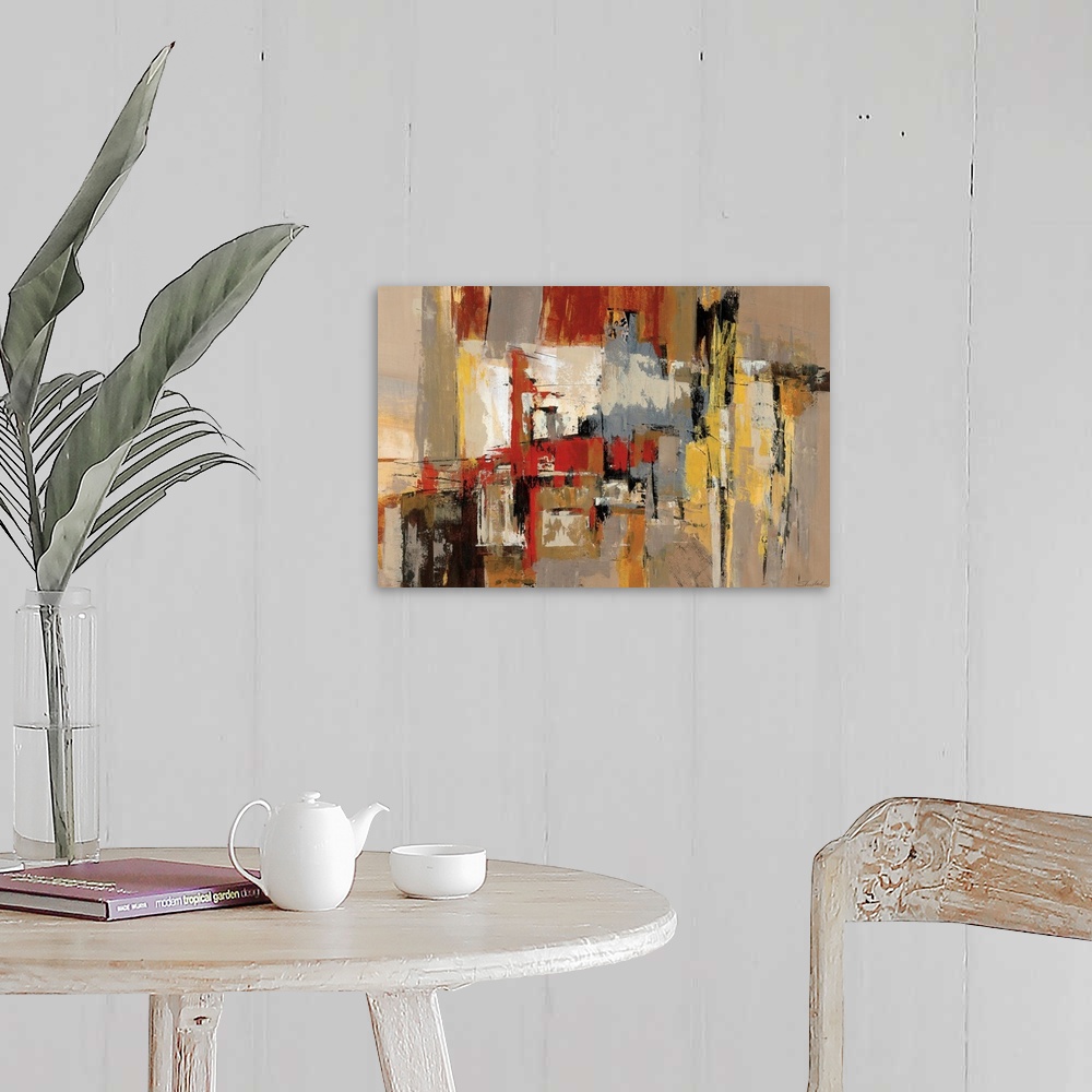A farmhouse room featuring This abstract wall art has an earth tone color palette and a vertical composition with diagonal m...