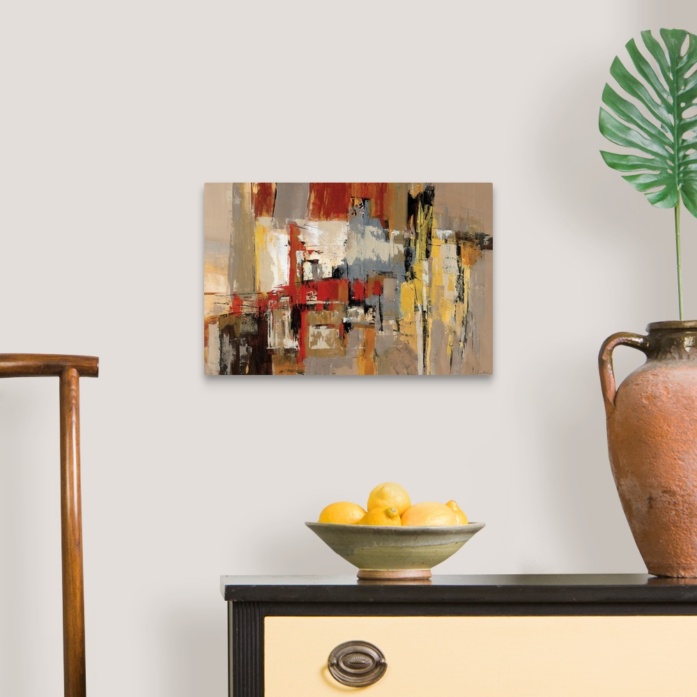 A traditional room featuring This abstract wall art has an earth tone color palette and a vertical composition with diagonal m...