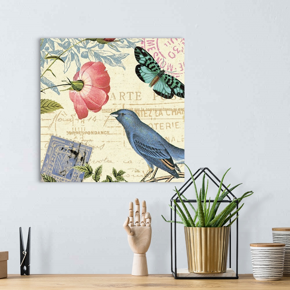 A bohemian room featuring Contemporary artwork of a collage of images with a bird and flowers.