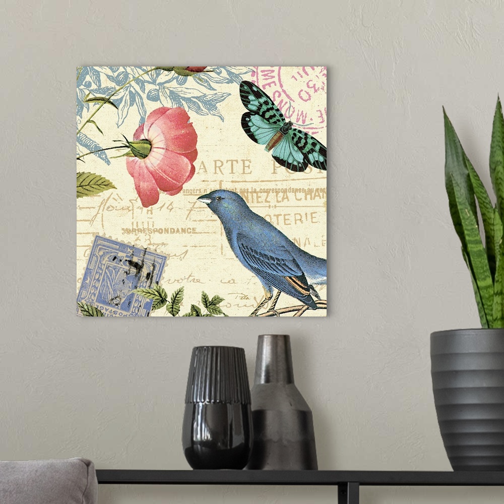 A modern room featuring Contemporary artwork of a collage of images with a bird and flowers.