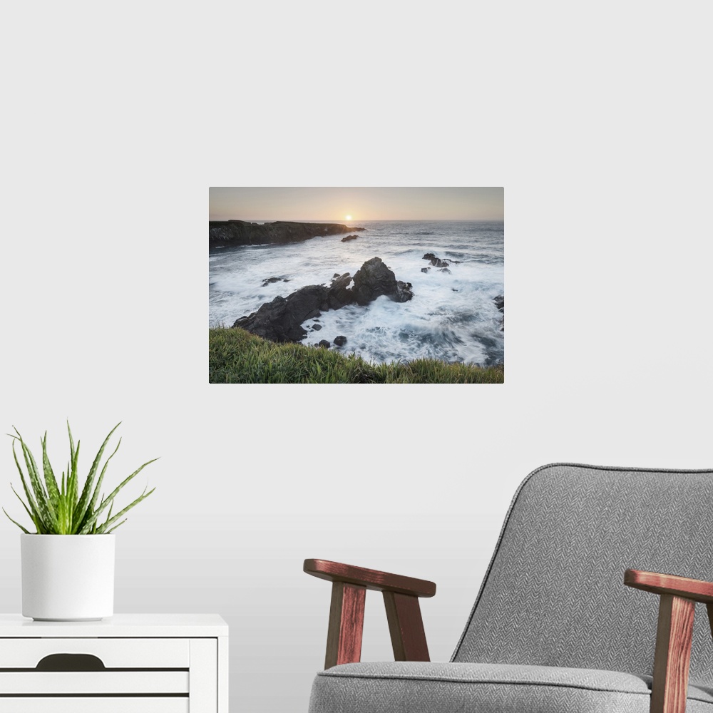 A modern room featuring Photograph of the sunset over Mendocino Headlands, California