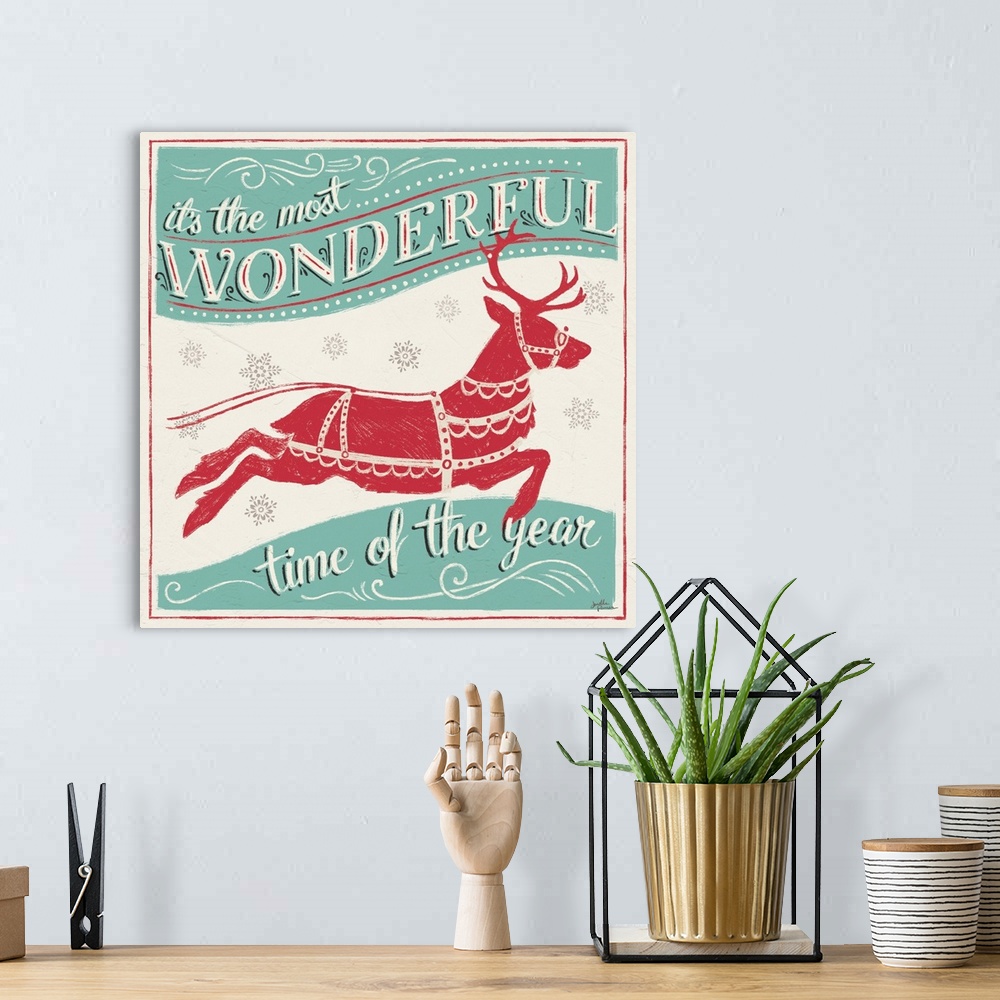 A bohemian room featuring A modern decorative design in teal and red of a couple holding hands in the snow with the text "W...
